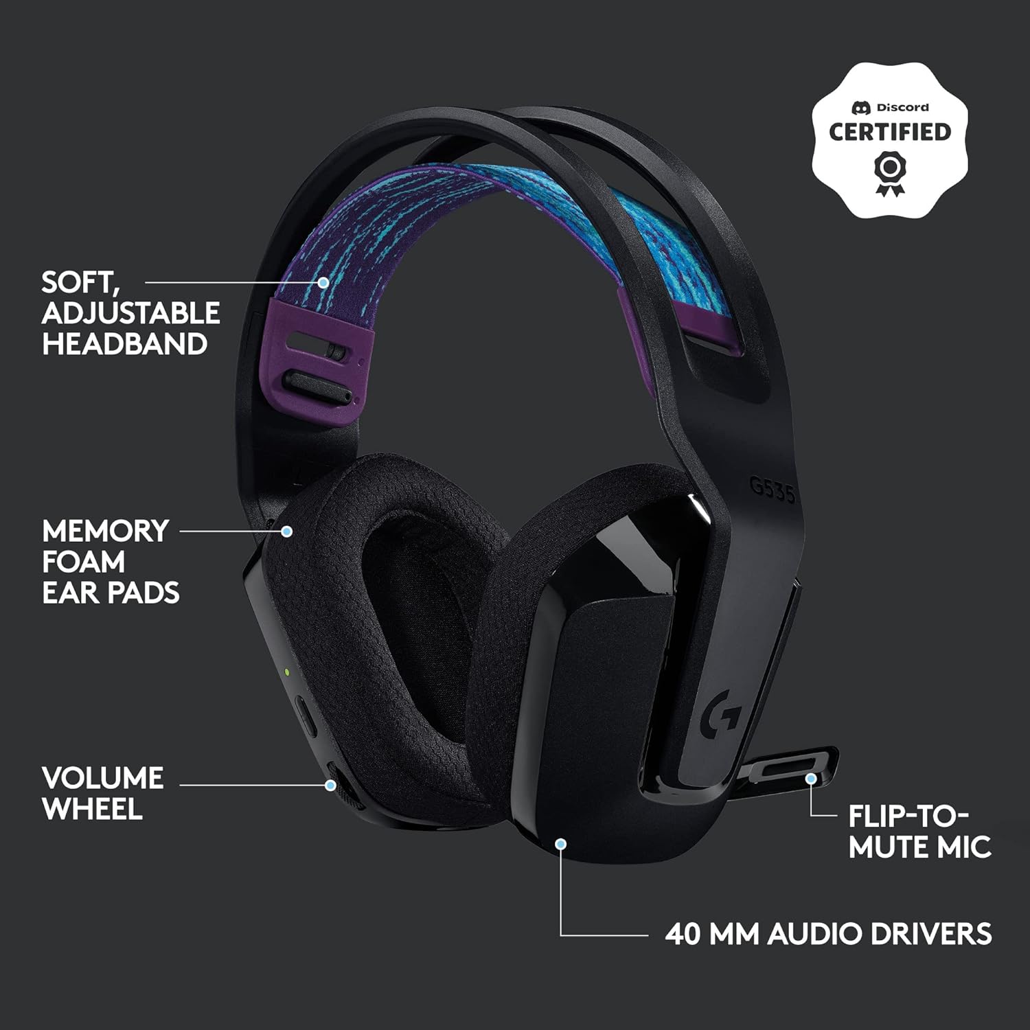 Logitech G535 Lightspeed Wireless Gaming Headset - Lightweight on-ear headphones, flip to mute mic, stereo, compatible with PC, PS4, PS5, USB rechargeable - Black - Image 6