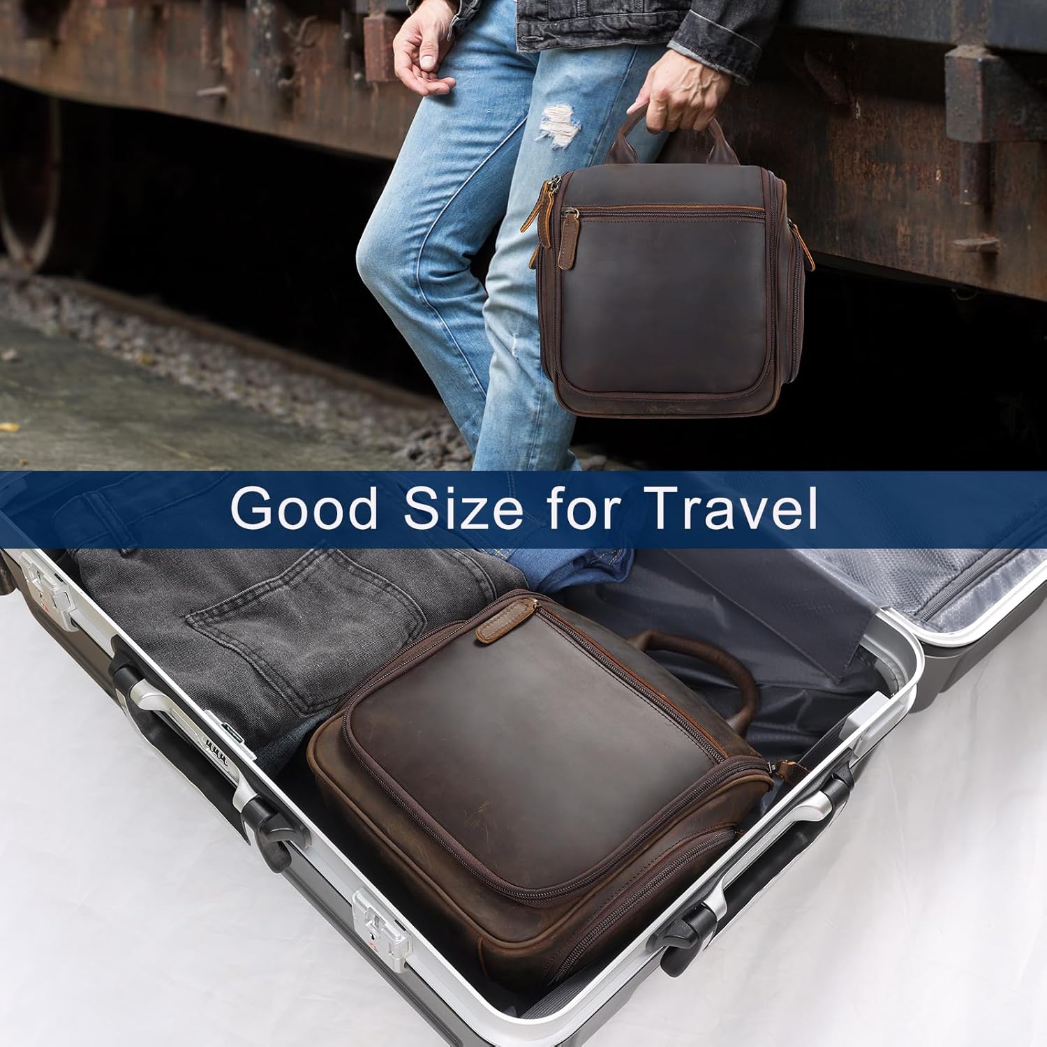 Masa Kawa Leather Hanging Travel Toiletry Bag for Men Portable Expandable Camping Cosmetics Makeup Toiletries Organizer Vintage Bathroom Shaving Kit Brown Wash Bags ? ? ? ? ? - Image 5
