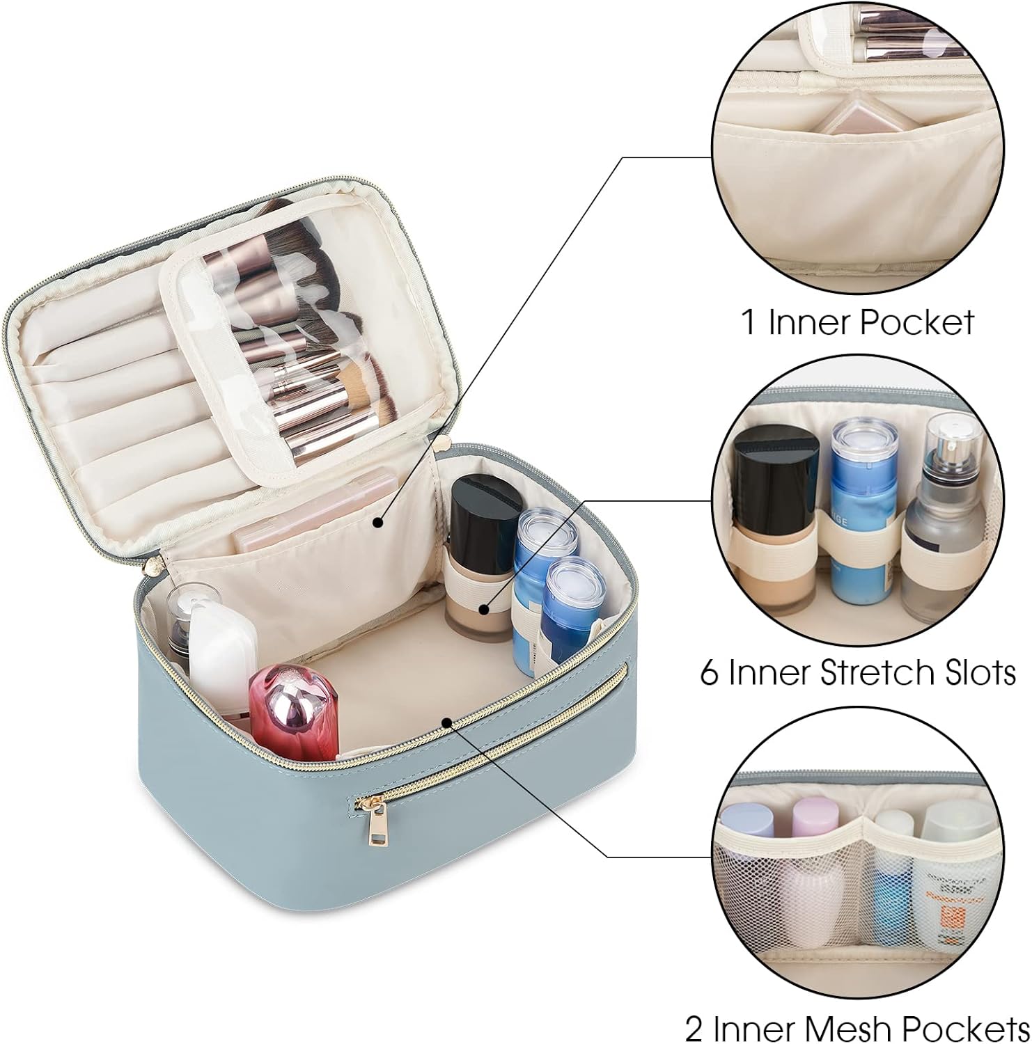 Wandering Nature Makeup Bag, Travel Make Up Organizer Cosmetic Brush Bags Case for Women in Vegan Leather, Grayish Blue(Patent Pending) ? ? ? ? ? - Image 4