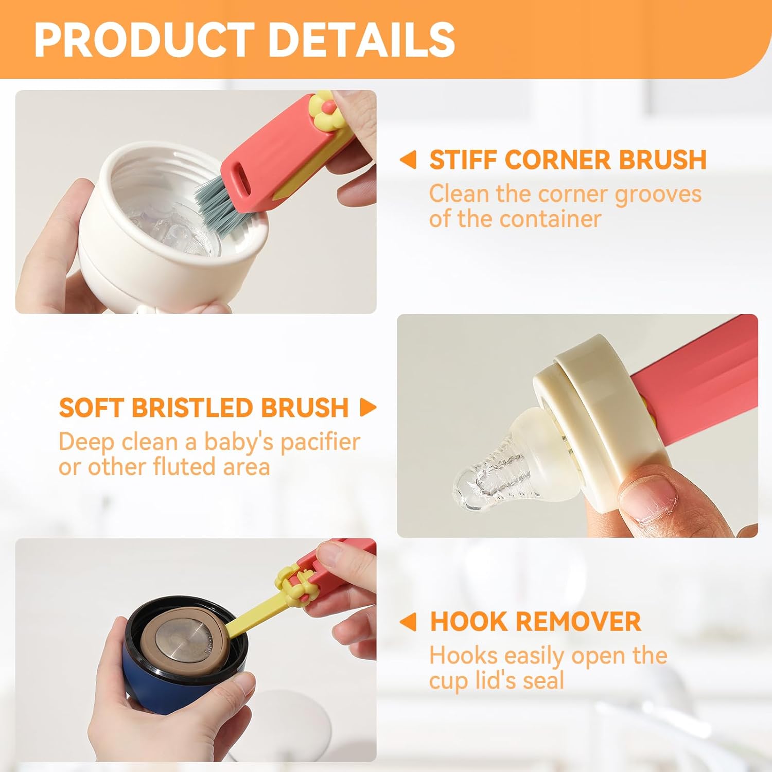 3 in 1 Cup Lid Gap Cleaning Brush Set, Multifunctional Bottle Cleaning Brush, Cup Lid Gap Cleaner, Home Kitchen Crevice Cleaning Brush Tools (Multicolor) - Image 4