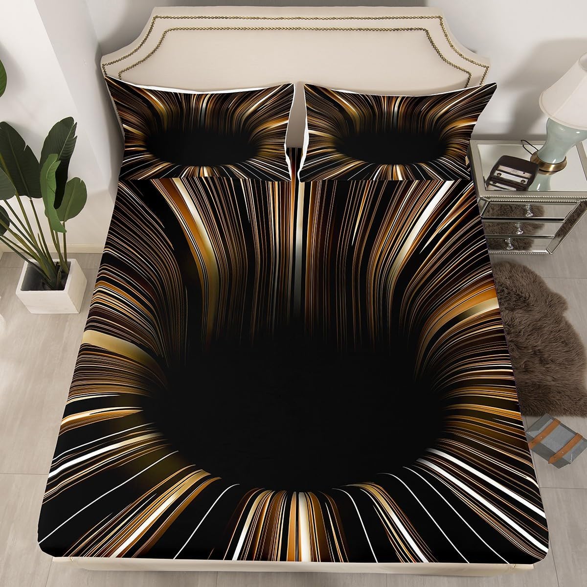 Black Light Fitted Sheet 3D Ombre Geometric Bed Sheets Twin,Gradient Blue Purple Teal Modern Stripes Circle Swirl Sheets,Geometry Line Bedding Set for Men ? ? ? ? ? - Image 6