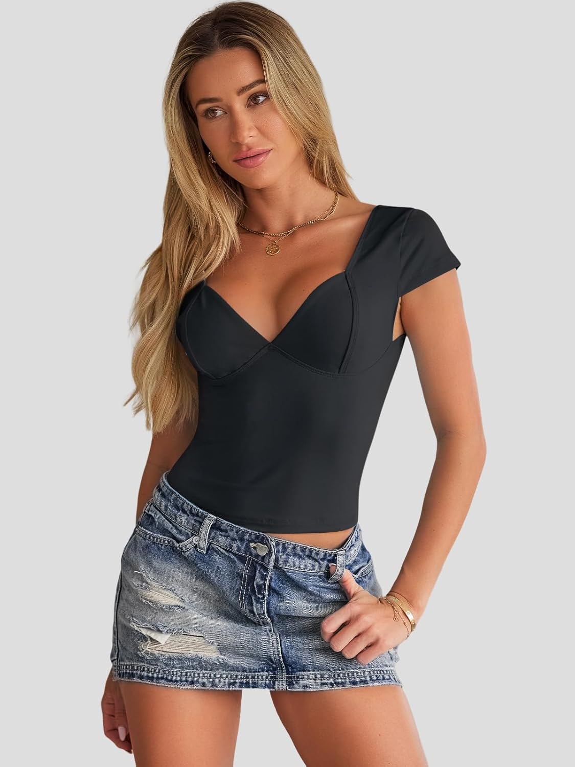 Trendy Queen Womens Deep V-Neck Backless Tops Short Sleeve Slim Fit T-Shirts Basic Y2K Tops Bustier Corset Cami 2025 ? - Image 3