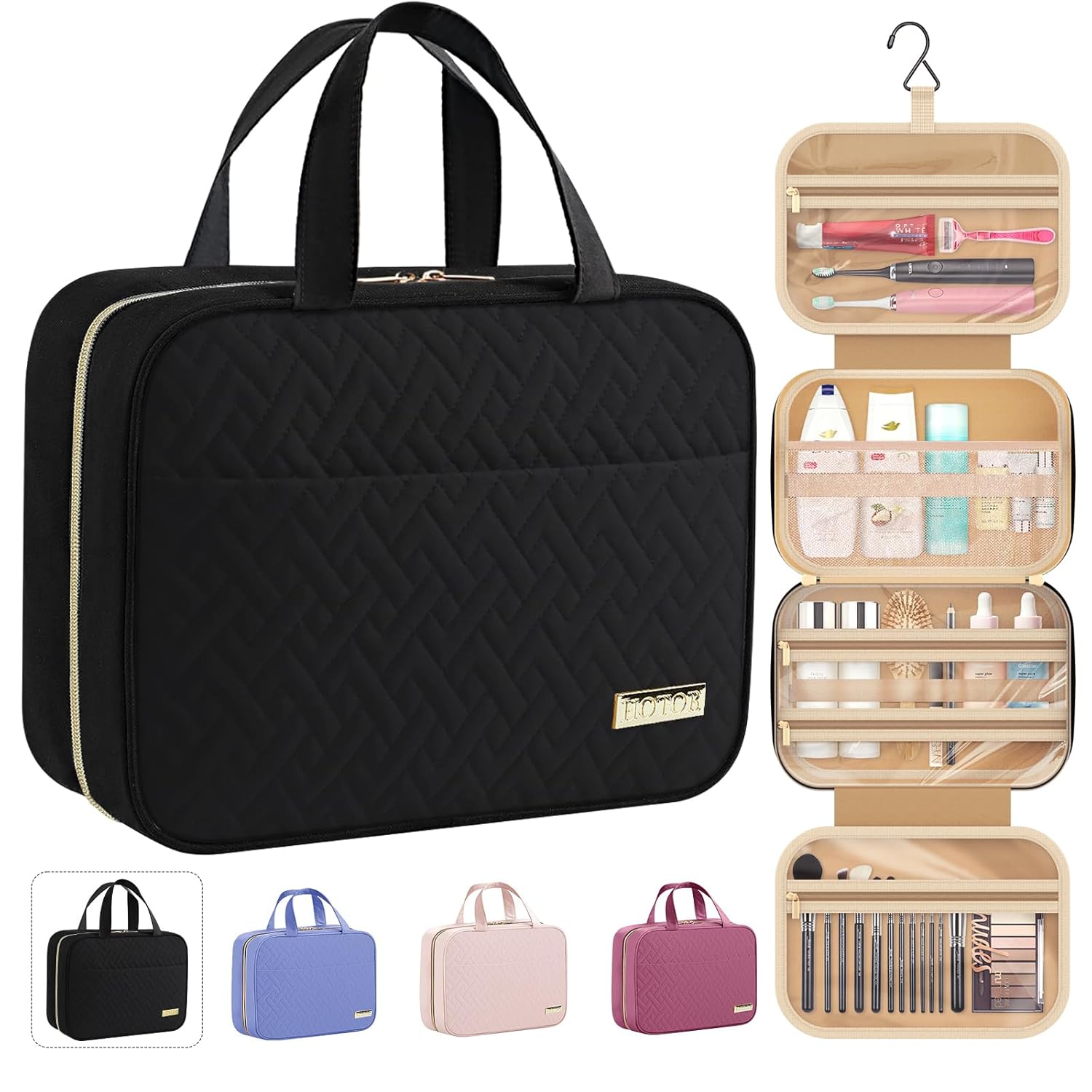 HOTOR Travel Toiletry Bag - Toiletry Bag w/Hanging Hook - Spacious Toiletry Bag for Women & Men, Makeup Bag/Big Comparment, Waterproof for Travel Accessories, Travel Essentials, Medium, Black ? ? ? ? ?