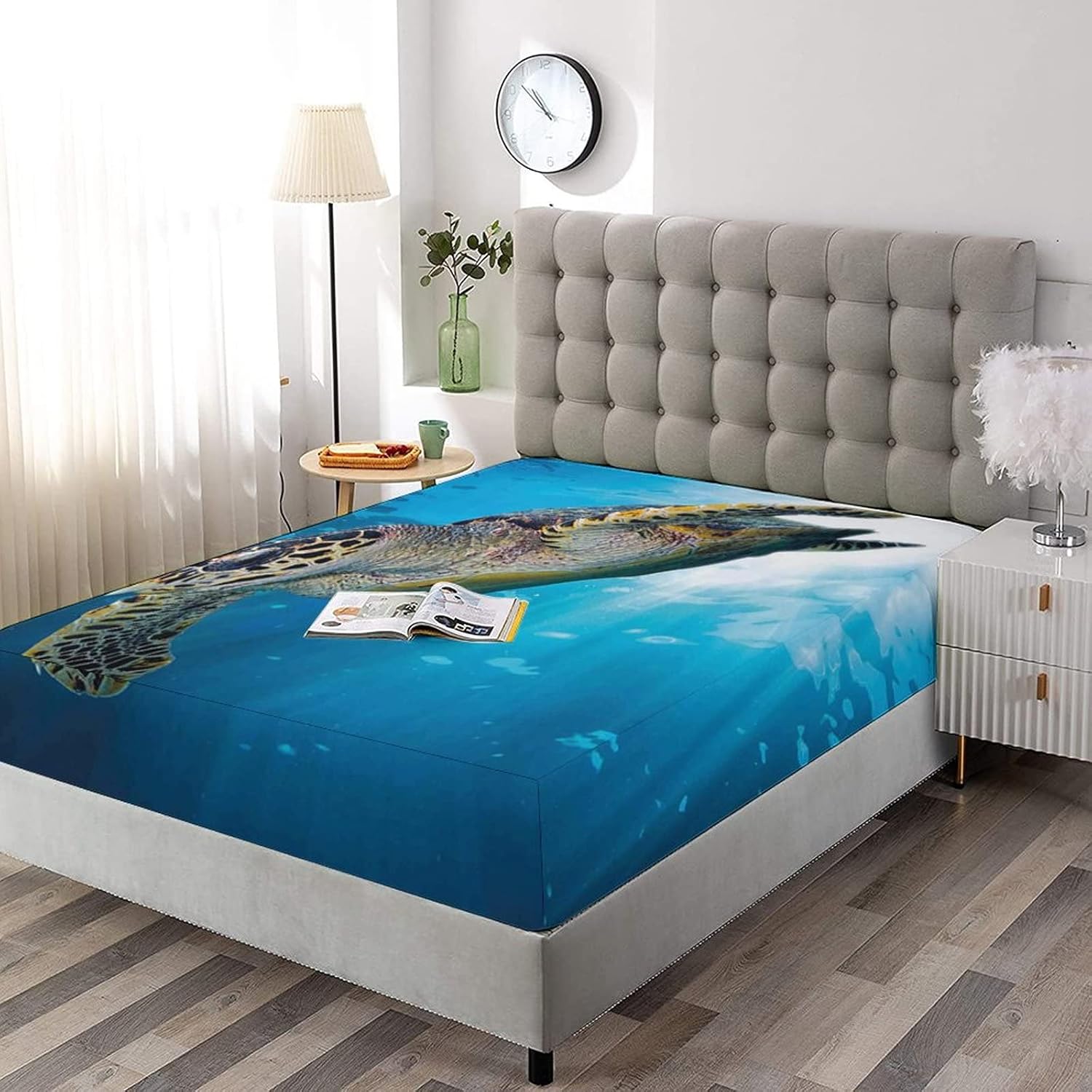 XISUNYA Decorative Fitted Sheet Set Twin Size, Turtle Deep Pockets Fitted Sheet & 2 Pillow Sham Set, Hawksbill Sea Turtle Dive Deep Into Blue Ocean Printed Microfiber Bedding 3pc Set,for Mattress - Image 2
