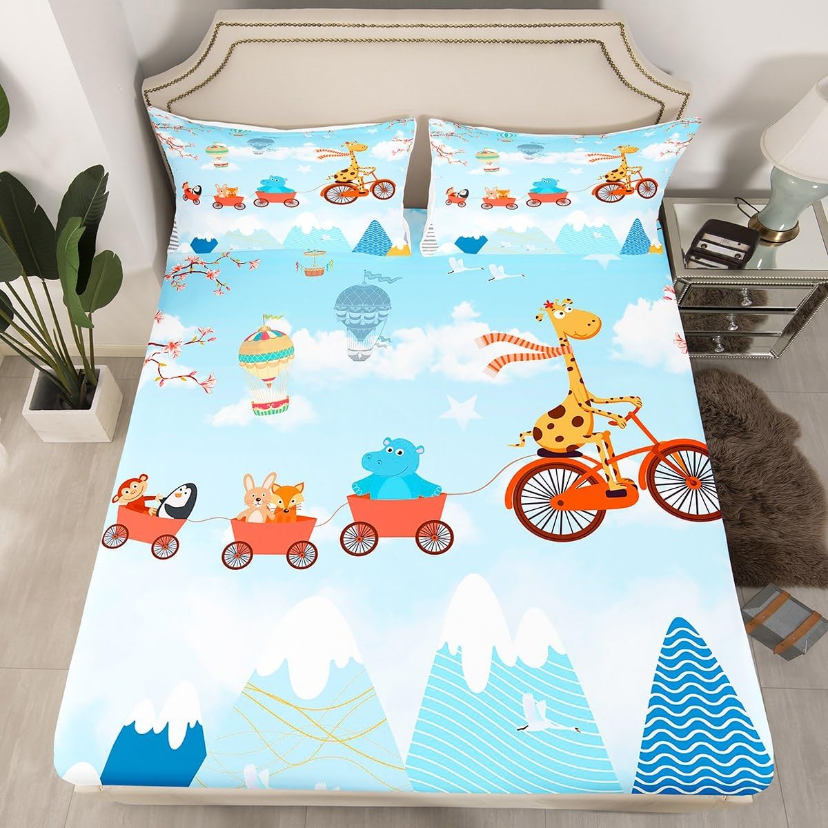 Hot Air Balloon Sun Cloud Bed Sheet Set Sky Scenery Blue Fitted Sheet for Ultra Soft Cartoon Animal Car Bedding Cover Set Room Decor Queen (No Flat Sheet)