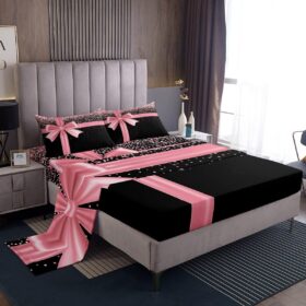 Pink Bowknot Bed Sheet Queen Set Pink Glitter Diamond Sheets Sets Adults Bedroom Decor Bling Party Microfiber Bedding Set with Flat,Fitted Sheet,2 Pillow Cases                 