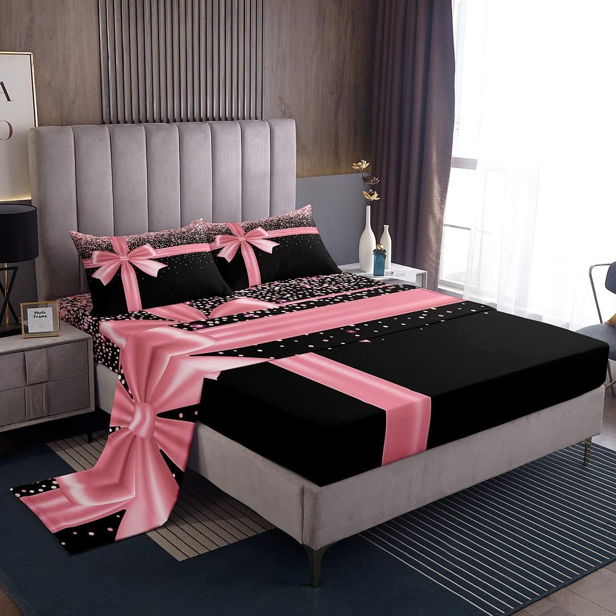 Pink Bowknot Bed Sheet Queen Set Pink Glitter Diamond Sheets Sets Adults Bedroom Decor Bling Party Microfiber Bedding Set with Flat,Fitted Sheet,2 Pillow Cases