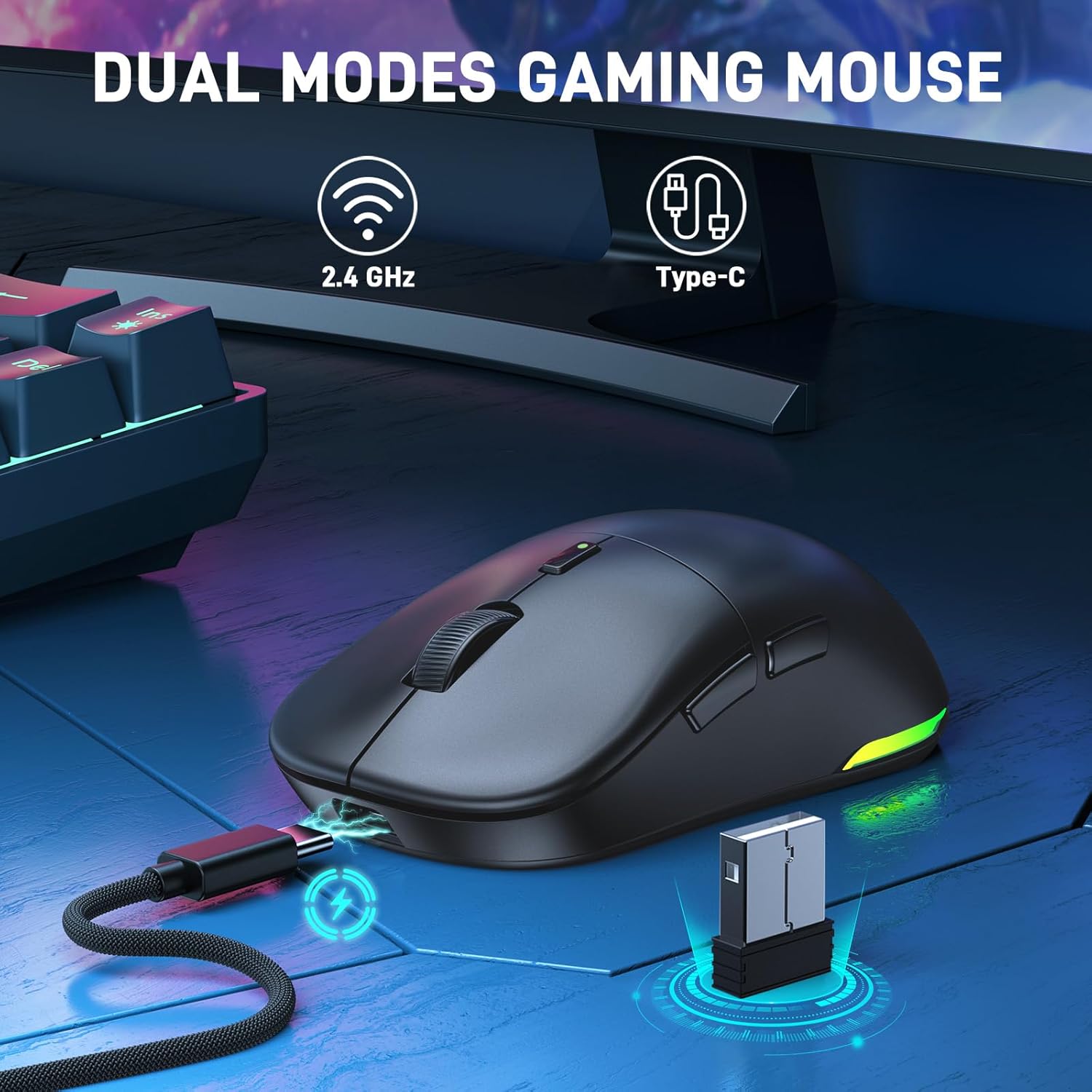 UHURU Wireless Gaming Mouse, 26000 DPI, Mouse Gaming with RGB Backlit, 70 Hours Battery Life, 2.4GHz & Wired, 6 Buttons, Fit for PC/Mac - Black - Image 5