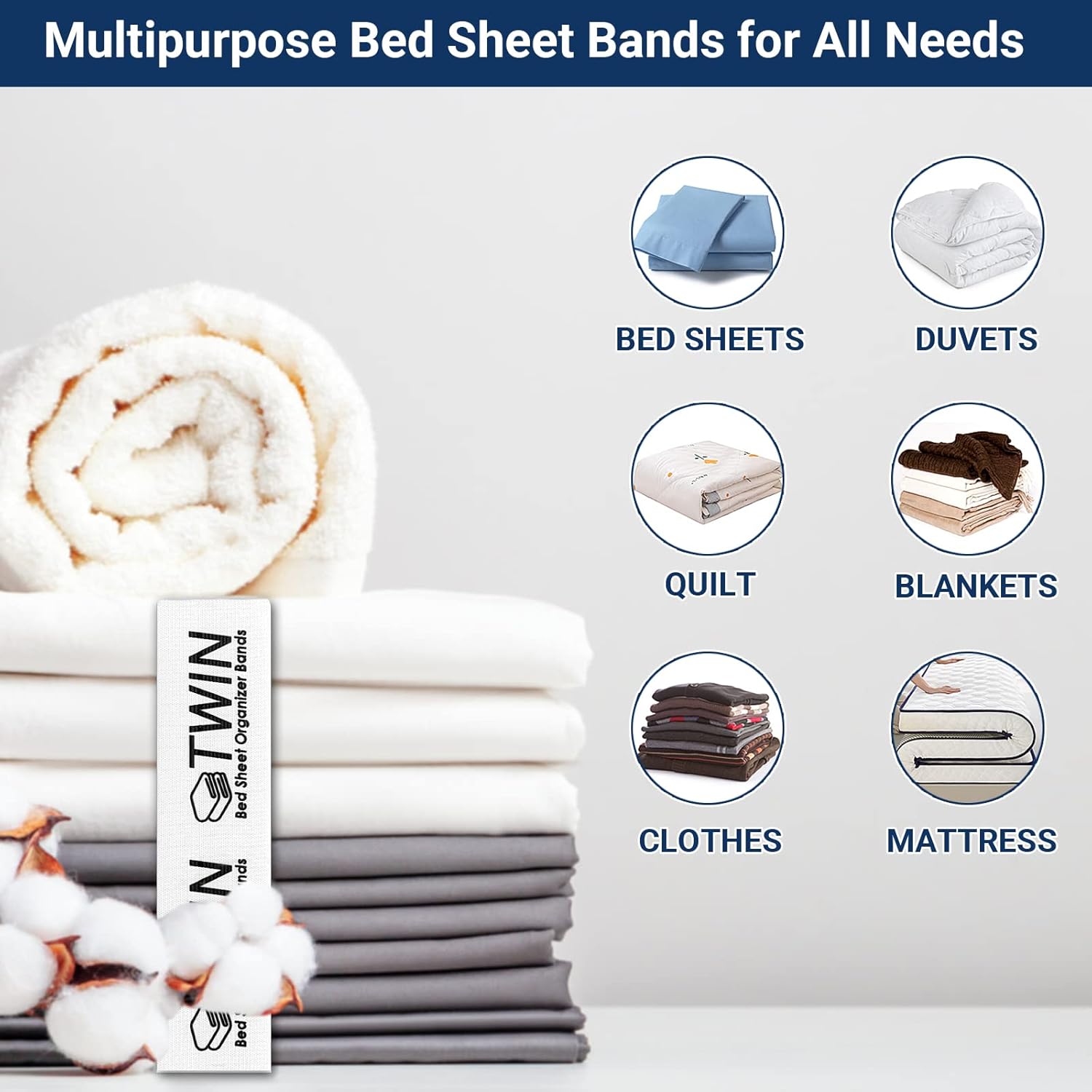 Meetory 8 Pieces Bed Sheet Organizer Bands, Elastic Bed Sheet Storage Sheet Keepers, Elastic Bedding Straps for Foldable Bedsheet, Pillow Case, Duvet (King, Queen, Full, Twin) - Image 6