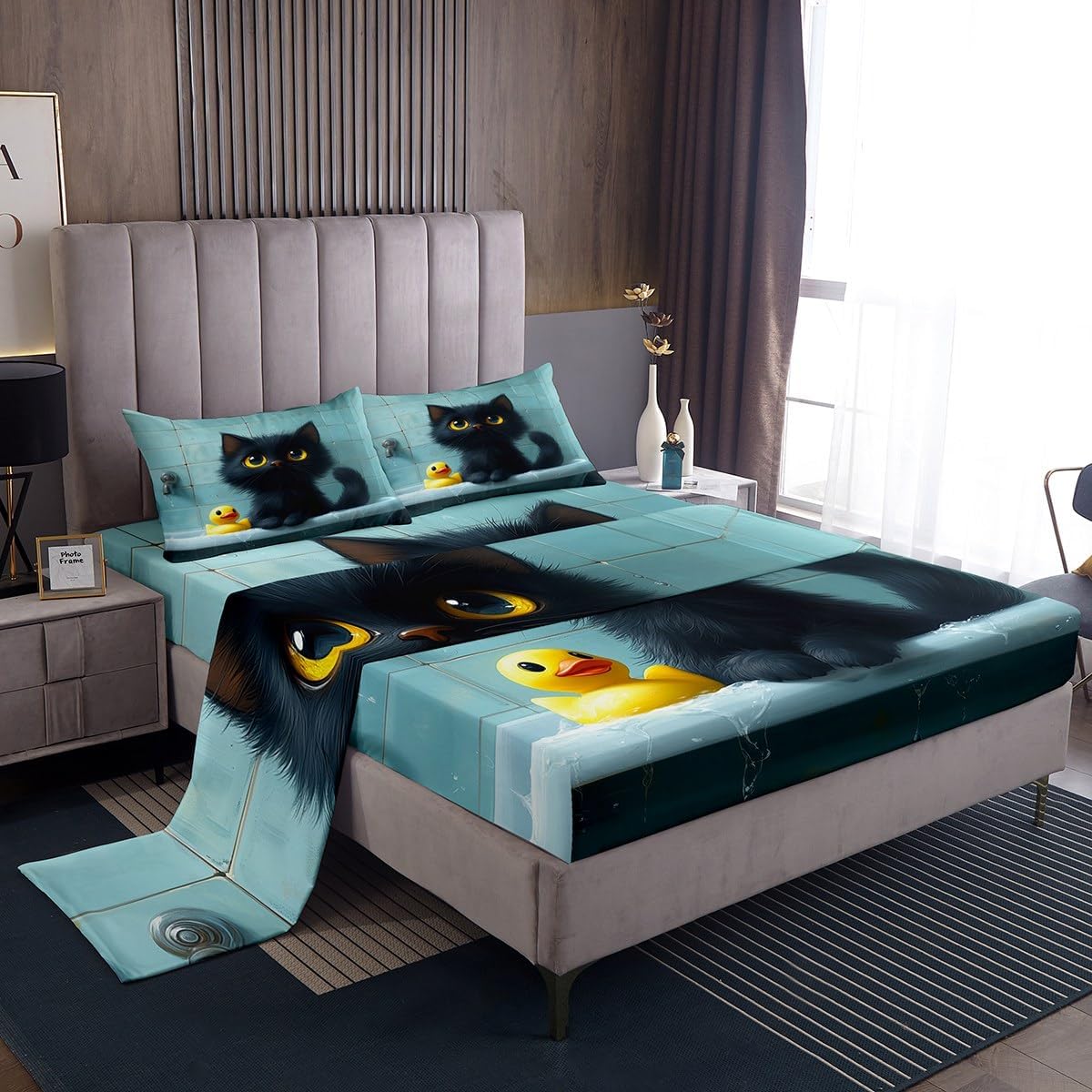 Black Cat Bed Sheet Set Twin Size,Cartoon Pet Kitten Lovely Bath Duck Sheet Set,Kawaii Animal Teal Brick Wall Print Bedding Set with 1 Flat & 1 Fitted Sheet with 1 Pillow Sham ? ? ? ? ?