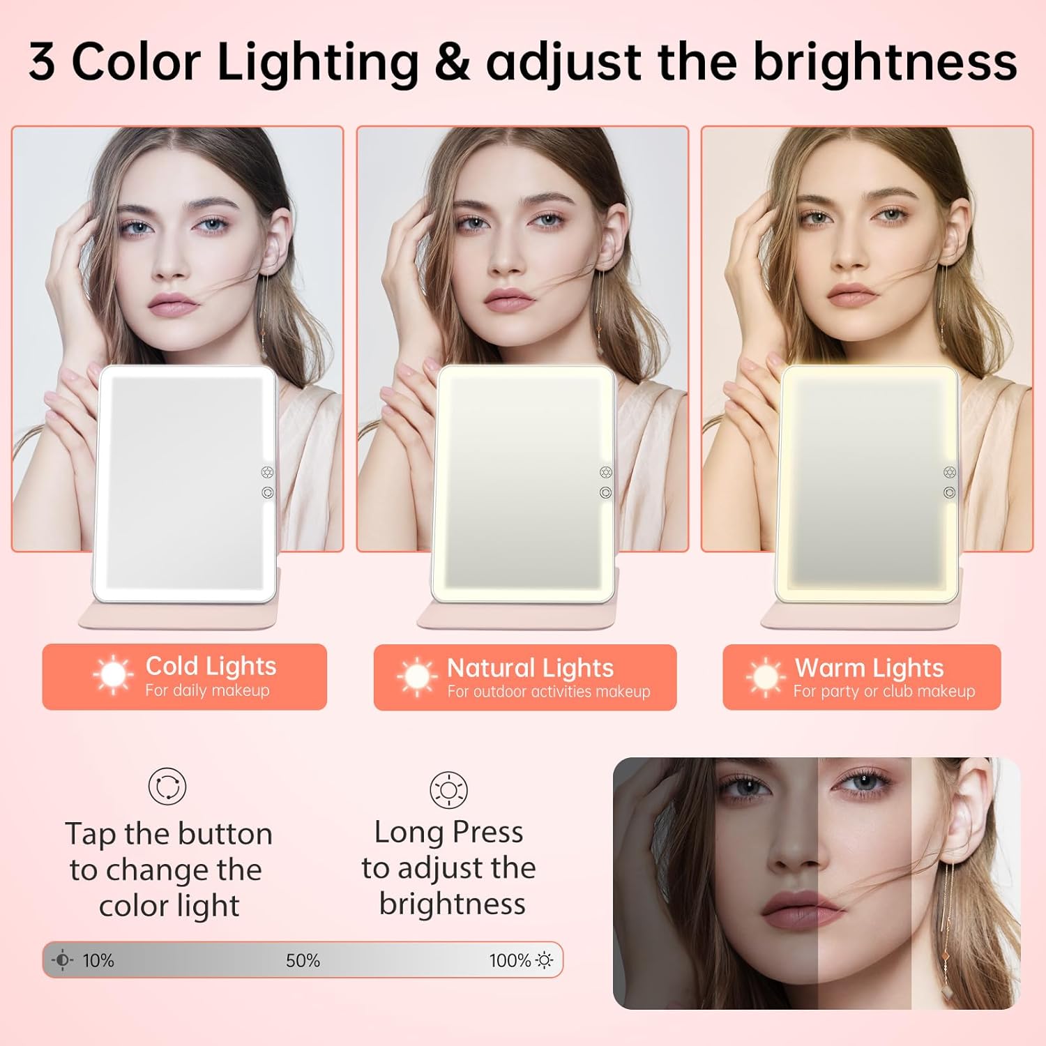 FUNTOUCH 2500mAh Large Rechargeable Travel Makeup Mirror with Lights, Portable Makeup Mirror with 10X Magnifying Mirror 3 Lighting Modes, Tabletop Folding Travel Mirror with PU Leather Cover (Pink) ? ? ? ? ? - Image 5
