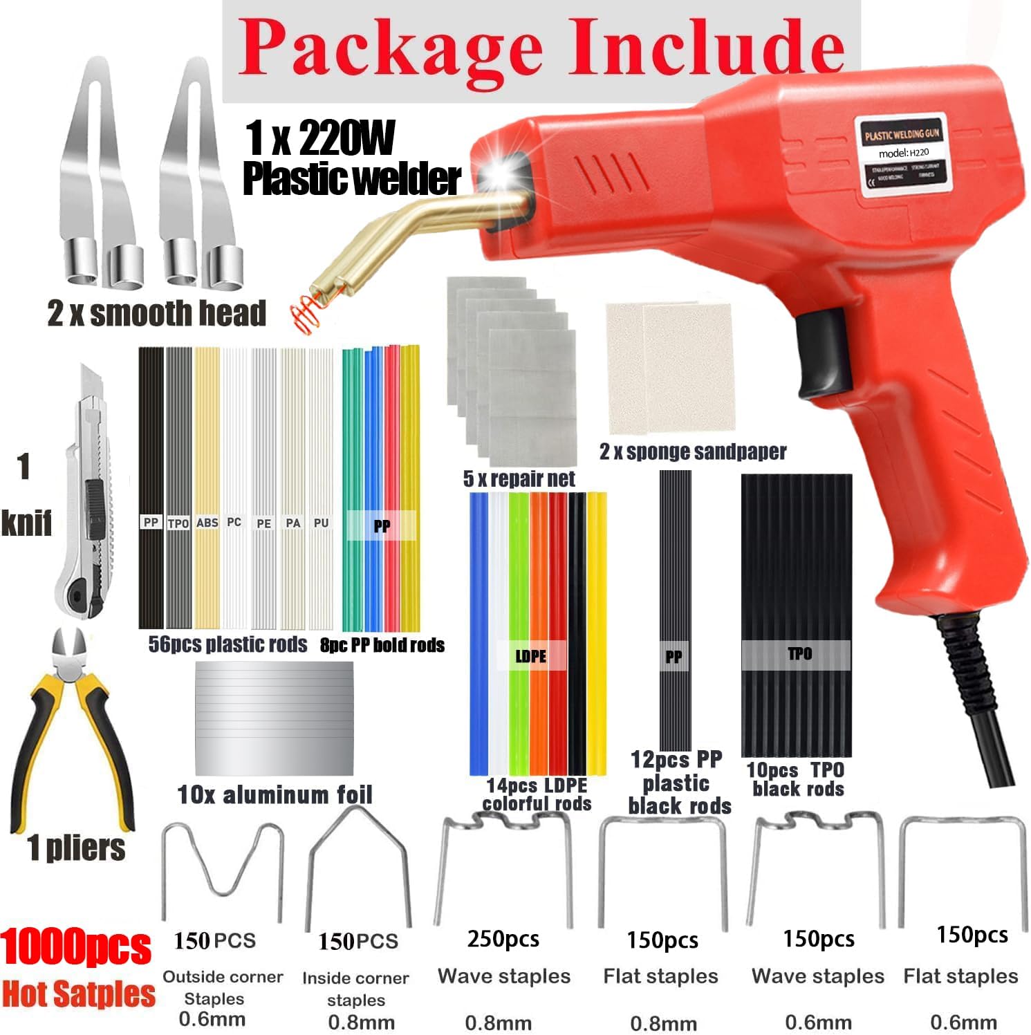 Upgraded 220W Plastic Welder, 2 in 1 Plastic Welding Kit Plastic Repair Welder Kit 1000PCS Hot Stapler Soldering Gun with 100PCS Plastic Welding Rods Car Bumper Repair Kit for Most Plastic Repair - Image 2