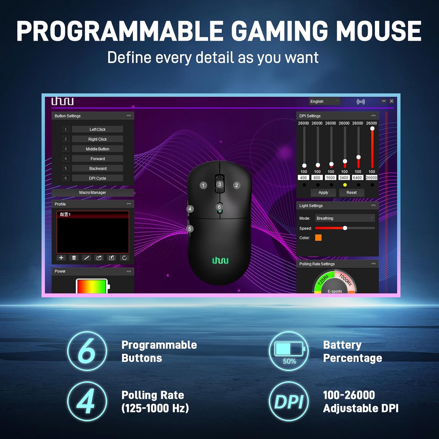 UHURU Wireless Gaming Mouse, 26000 DPI, Mouse Gaming with RGB Backlit, 70 Hours Battery Life, 2.4GHz & Wired, 6 Buttons, Fit for PC/Mac - Black - Image 6