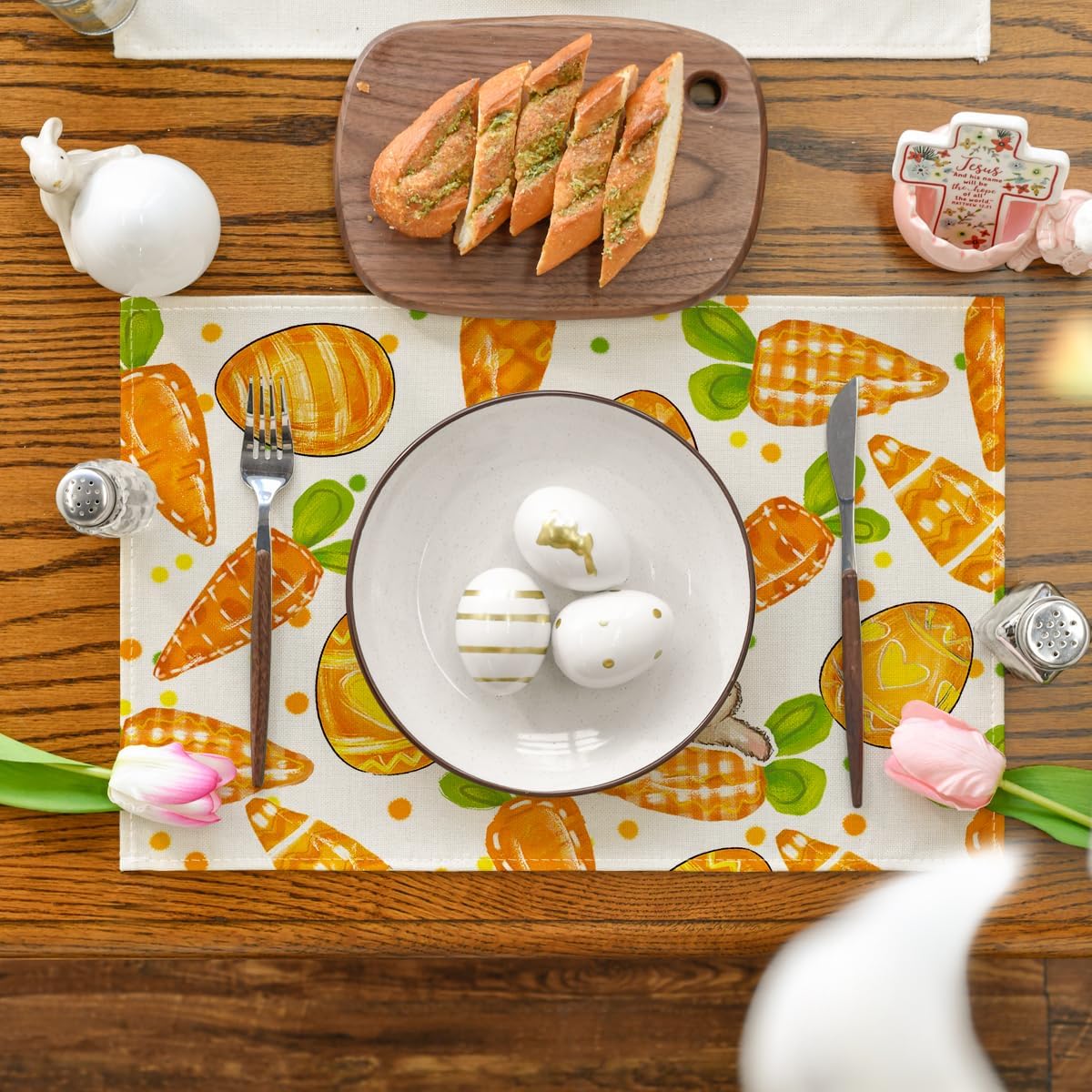 Artoid Mode Dots Bunny Carrots Eggs Easter Placemats Set of 4, 12x18 Inch Spring Table Mats for Outdoor Home Party Kitchen Dining Decor - Image 2