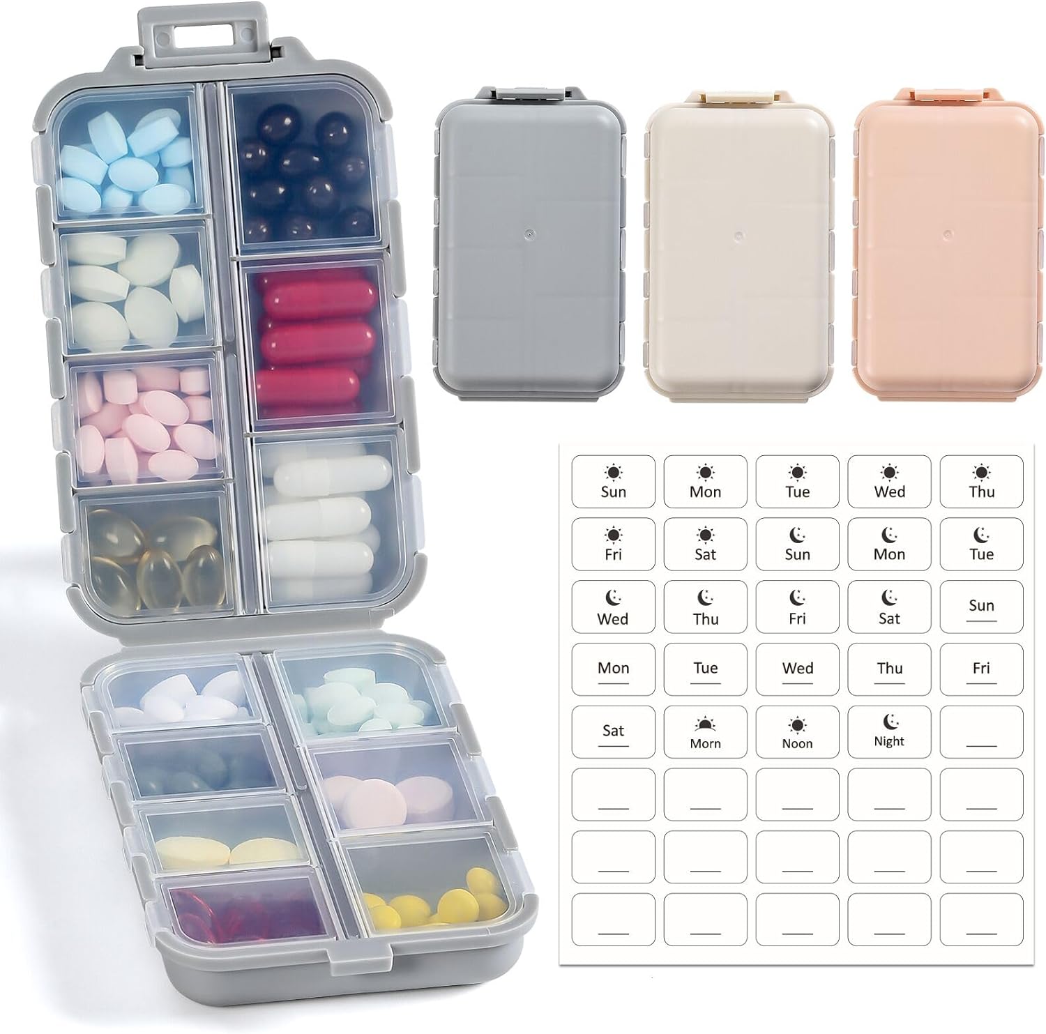 3 Pack, 14 GRIDS Travel Pill Organizer Box with Labels - Travel Medicine Case Kit - Pocket Daily Pharmacy Container - Travel Medication Holder Dispenser for Fish Oil Vitamin Supplement Storage ? ? ? ? ?