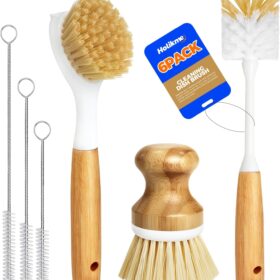 Holikme 6 Pack Dish Brush Scouring Pad Set with Bottle Brush, Dish Brush, Palm Scrub Brush and Straw Brush, Dish Scrubber Long Handle for Dish Bottle Cup Skillet Wok Pot Pan Cast Iron, Yellow ?   ?   ?  ?   ?