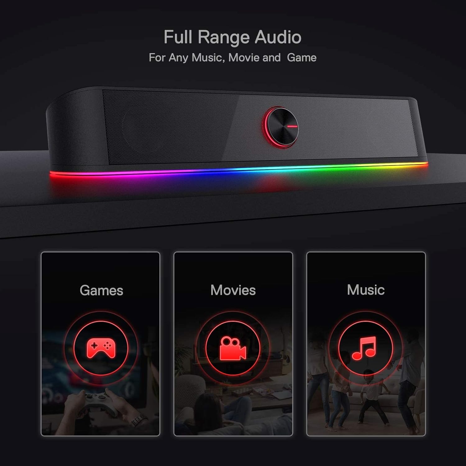 Redragon GS560 RGB Desktop Soundbar, 2.0 Channel Computer Speaker with Dynamic Lighting Bar Audio-Light Sync/Display, Touch-Control Backlit with Volume Knob, USB Powered w/ 3.5mm Cable, Black ? ? ? ? ? - Image 3