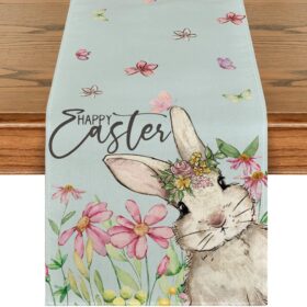 Artoid Mode Blue Daisy Bunny Rabbit Happy Easter Table Runner, Seasonal Spring Kitchen Dining Table Decoration for Home Party Decor 13x72 Inch                 