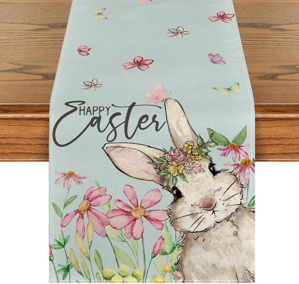 Artoid Mode Blue Daisy Bunny Rabbit Happy Easter Table Runner, Seasonal Spring Kitchen Dining Table Decoration for Home Party Decor 13x72 Inch