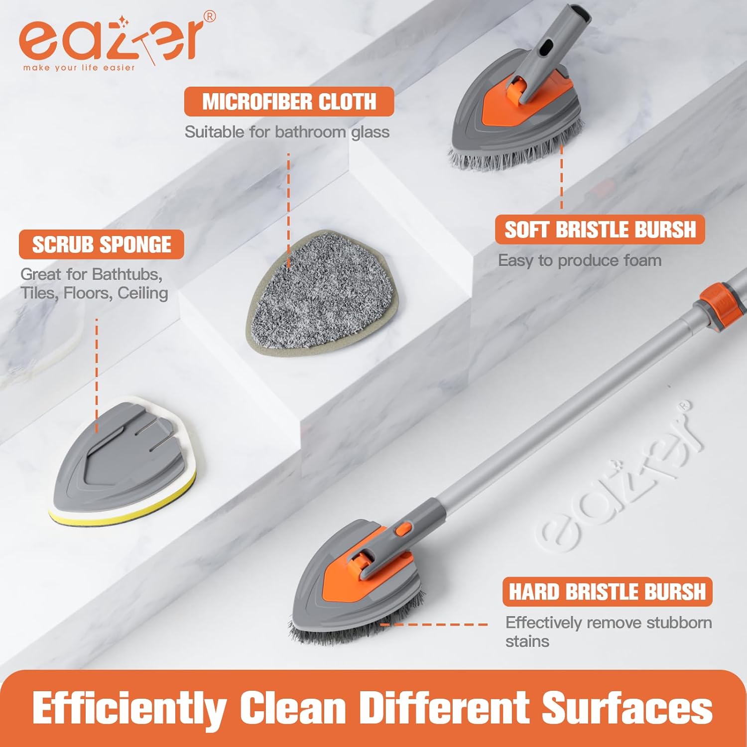 eazer 4-in-1 Long-Handled Tub Scrubber-Versatile Bathroom Cleaning Brush with Shower Scrubber-Ideal Shower Cleaner Brush for Efficient Cleaning-Long Handle Scrub Brush for Shower, Tub, and Bathroom ? ? ? ? ? - Image 2