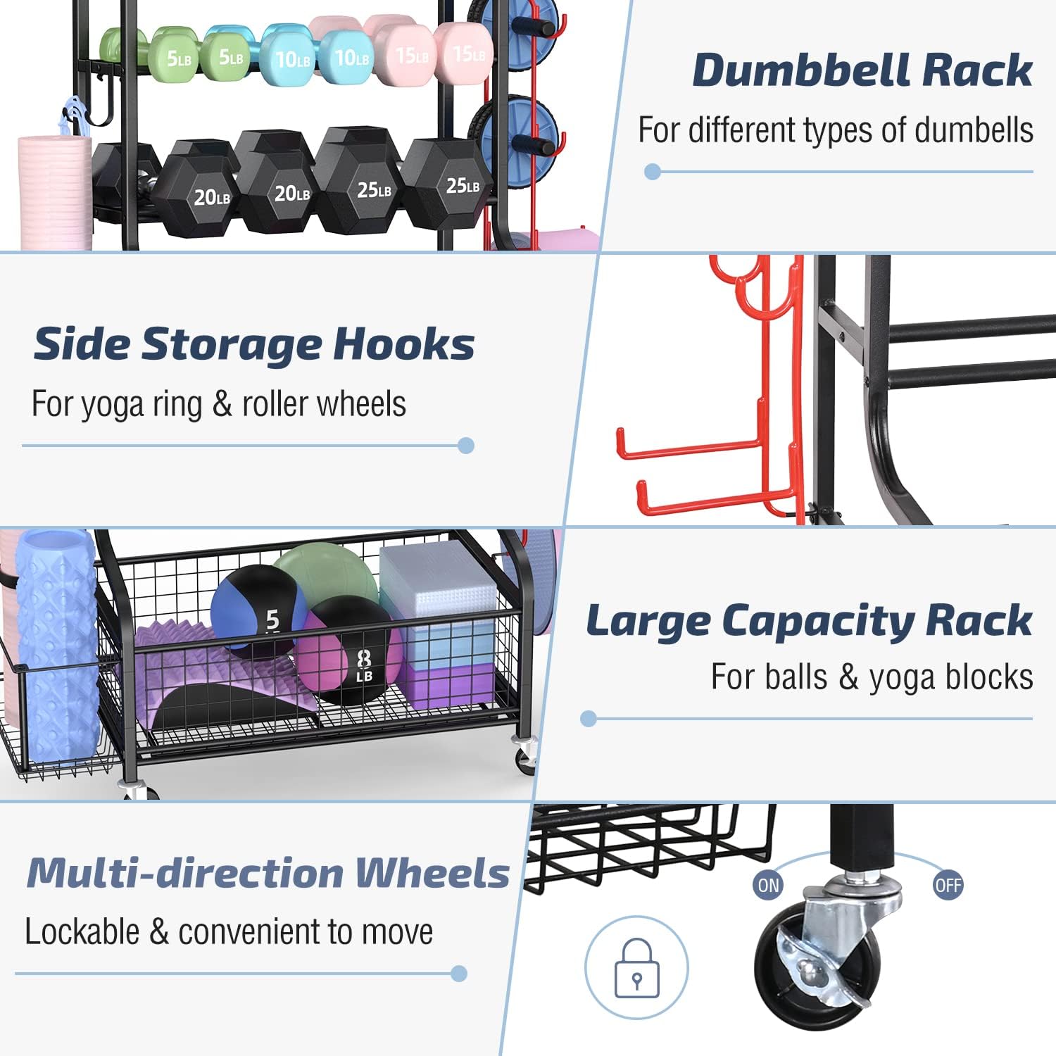 PLKOW Dumbbell Rack, Weight Rack for Dumbbells, Home Gym Storage for Dumbbells Kettlebells Yoga Mat and Balls, All in One Workout Storage with Wheels and Hooks, Powder Coated Finish Steel ? ? ? ? ? - Image 5