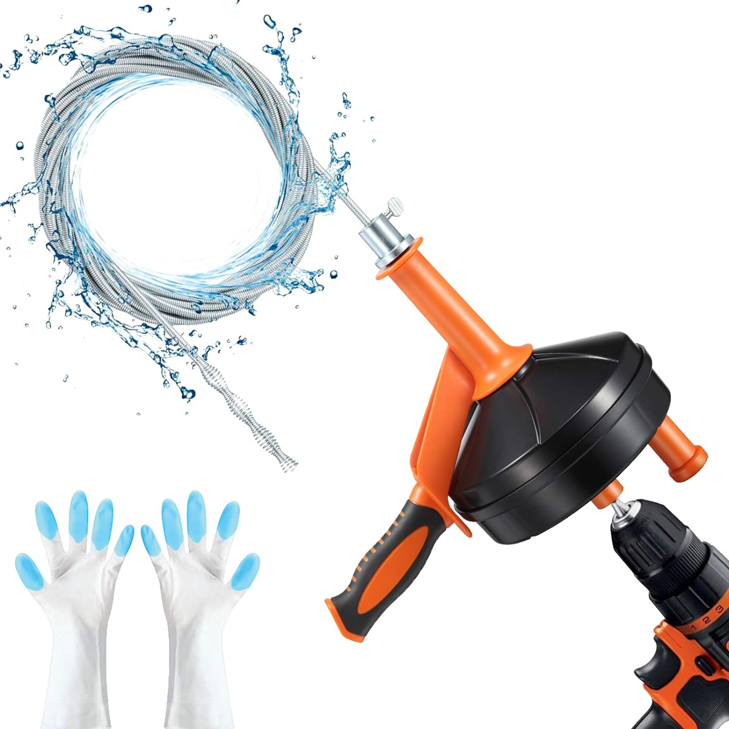 Drain Auger, Breezz Clog Remover with Drill Adapter, 25 Feet Flexible Plumbing Snake Use Manually or Powered for Kitchen,Bathrom and Shower Sink, Comes with Gloves(Orange) ? ? ? ? ?