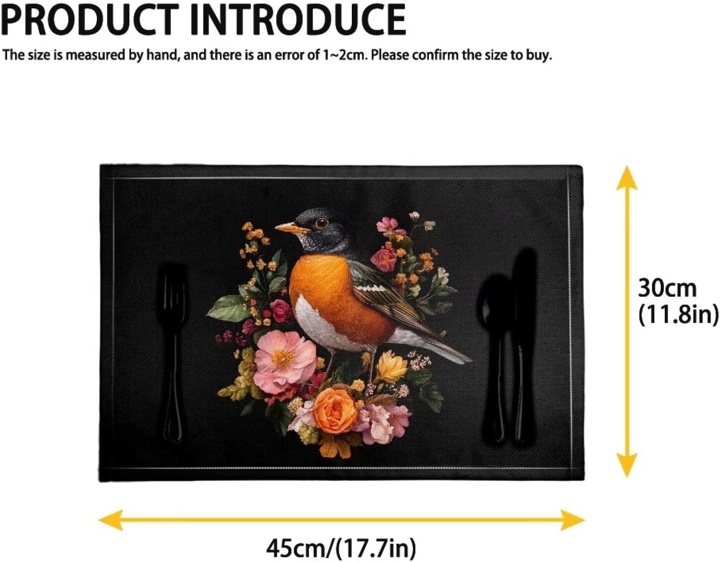 4 PCS Dining Table Mats Sturdy Non Slip Placemats for Kitchen Cafe Restaurant Heat Resistant Soft Countertop Accessory Decor, 11.8 x 17.7 Inch, American Robin Floral Black ? ? ? ? ? - Image 5