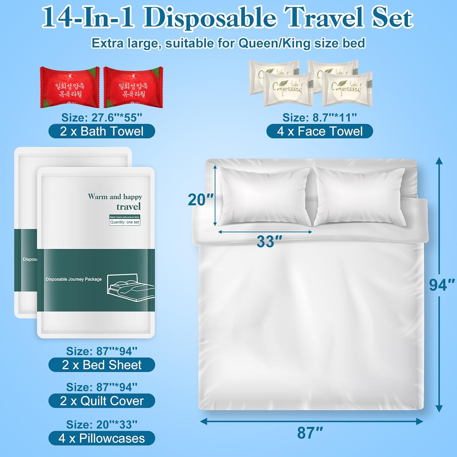 Disposable Sheets for Travel, 14-In-1 King Size Travel Bed Sheets for Hotel, Portable Bedspread Disposable Bedding Set with 2 Bed Sheets, 2 Quilt Covers, 4 Pillowcases, 4 Face Towels and 2 Bath Towels - Image 2
