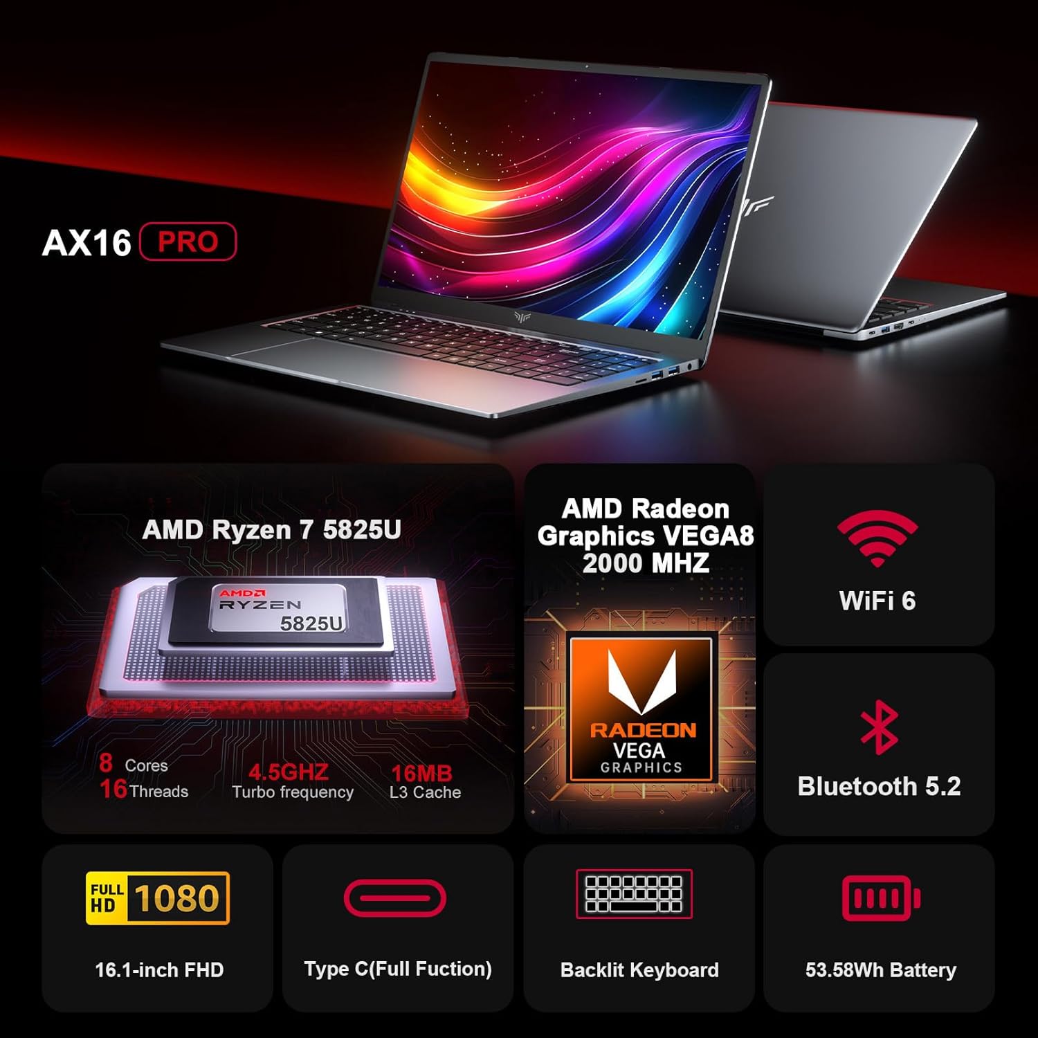Gaming Laptop, 16GB DDR4 (2 * 8GB, Dual Channel), 512GB M.2 2280 NVMe SSD | AMD Ryzen 7 5825U, 16.1-inch IPS, Backlit Keyboard, WIFI6, HDMI, Type-C USB - Image 2