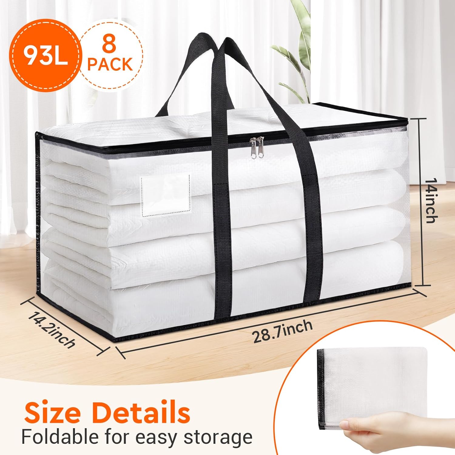 BlissTotes Moving Bags, 8-Pack Storage Bags, Moving Bags Heavy Duty Extra Large, Moving Totes, Clear moving Bags, Reinforced Handles & Tag Pocket, Christmas Totes (93L) ? ? ? ? ? - Image 2