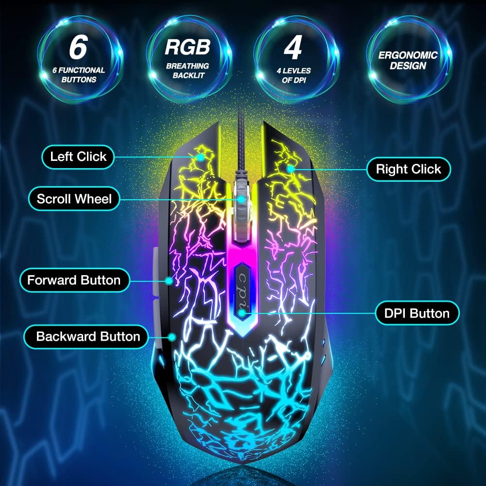 BENGOO Gaming Mouse Wired, Ergonomic Gamer Laptop PC Optical Computer Mice with RGB Backlit, 4 Adjustable DPI Up to 3600, 6 Programmable Buttons for Windows 7/8/10/XP Vista Linux -Black ? ? ? ? ? - Image 3
