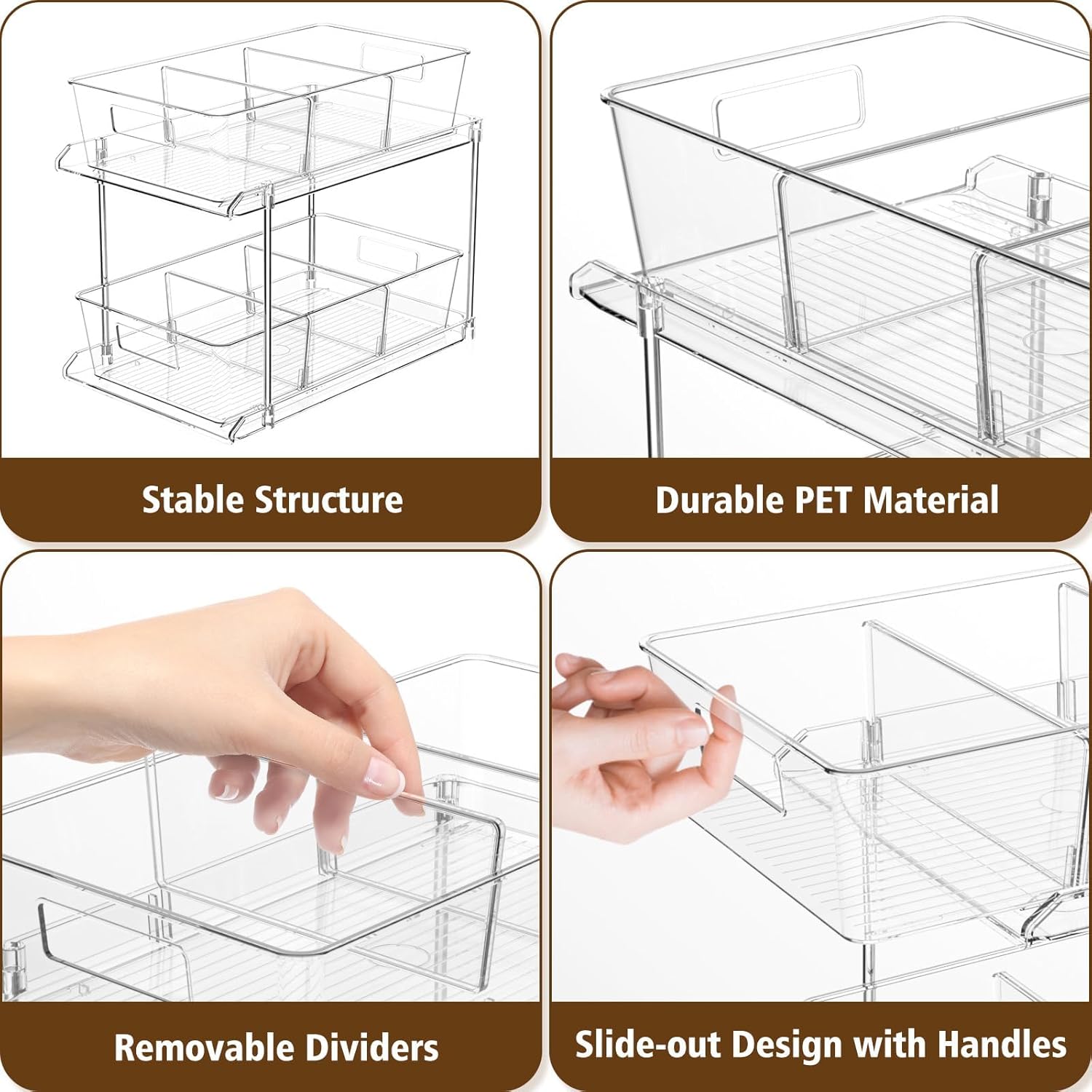 Pull-out Home Organizer, 2 Pack 2 Tier Clear Bathroom Organizer with Dividers, Multipurpose Vanity Counter Tray, Kitchen, Closet Organizers, Cabinet & Storage Container Bins - Image 4