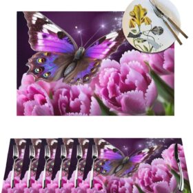 PVC Woven Placemats 1PCS - Heat Resistant Non-Slip Place Mats for Dining Table Mat Indoor Outdoor Table Mats Washable Purple Flower Butterfly Placemats for Kitchen Dining Coffee Table ?   ?   ?  ?   ?