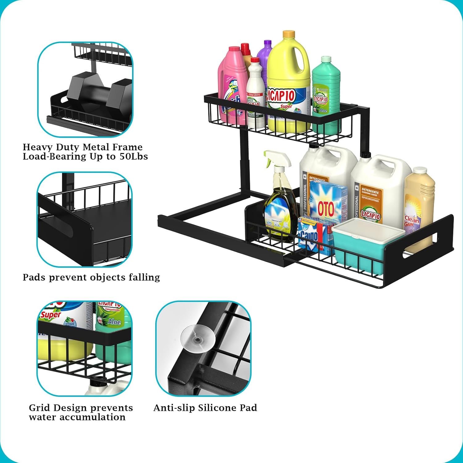 REALINN Under Sink Organizer, Pull Out Cabinet Organizer Slide Out Sink Shelf Cabinet Storage Shelves, Storages for Kitchen Bathroom, Black, 2 Pack ? ? ? ? ? - Image 6