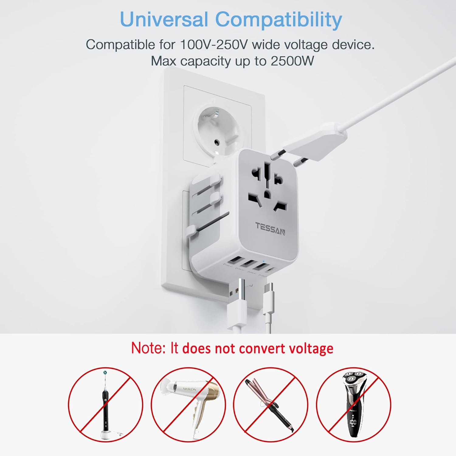 TESSAN Universal Travel Adapter, International Power Adapter with 4 USB Ports (1 USB C), Worldwide Plug Adaptor Wall Charger for USA to Europe UK France Germany Spain Ireland Australia(Type C/G/A/I) ? ? ? ? ? - Image 5
