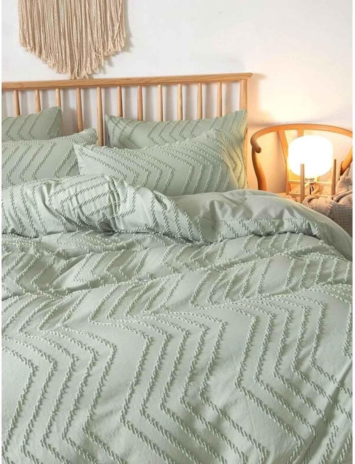 Nanko Sage Green Full Size Comforter Set 3 Pcs, Tufted Jacquard Boho Shabby Chic Soft Down Alternative Microfiber Bedding - All Season Neutral Farmhouse Bed Sets Women Men, Bohemian Light Green 80x90 - Image 4