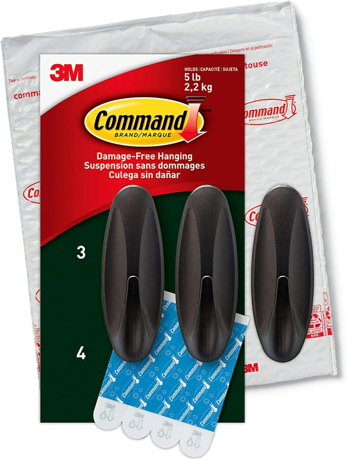 Command Outdoor Large Bronze Hooks, Holds up to 5 lb, 3 Hooks and 4 Command Strips, Damage Free Hanging Wall Hooks for Hanging Outdoor Wall Decor with Weather Resistant Strips