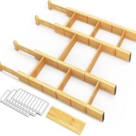 SpaceAid Bamboo Drawer Dividers with Inserts and Labels, Kitchen Adjustable Drawer Organizers, Expandable Organization for Home, Office, Dressers, 4 Dividers with 9 Inserts (17-22 in)                 