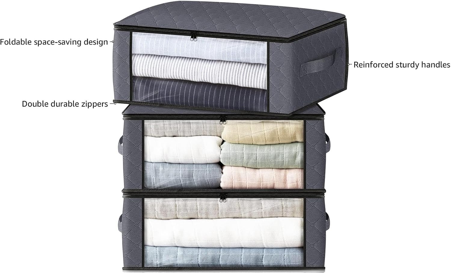 HomeHacks Storage 3-Pack Clothes Organizer Storage Bags Foldable Storage Box with Large Clear Window Sturdy Handles for Closet, Dorm, Pillows, Bedding, Clothes, Blankets, 35L, Gray ? ? ? ? ? - Image 4