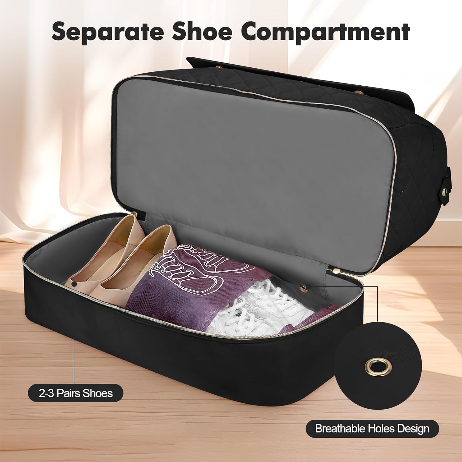 Wedama Weekender Bags for Women, Large Travel Duffel Bag with Shoe Compartment, Carry on Overnight Bag with Toiletry Makeup Bag, Gym Duffel Bag Travel Tote Bag for Travel Gym Camping Hospital, Black ? ? ? ? ? - Image 3
