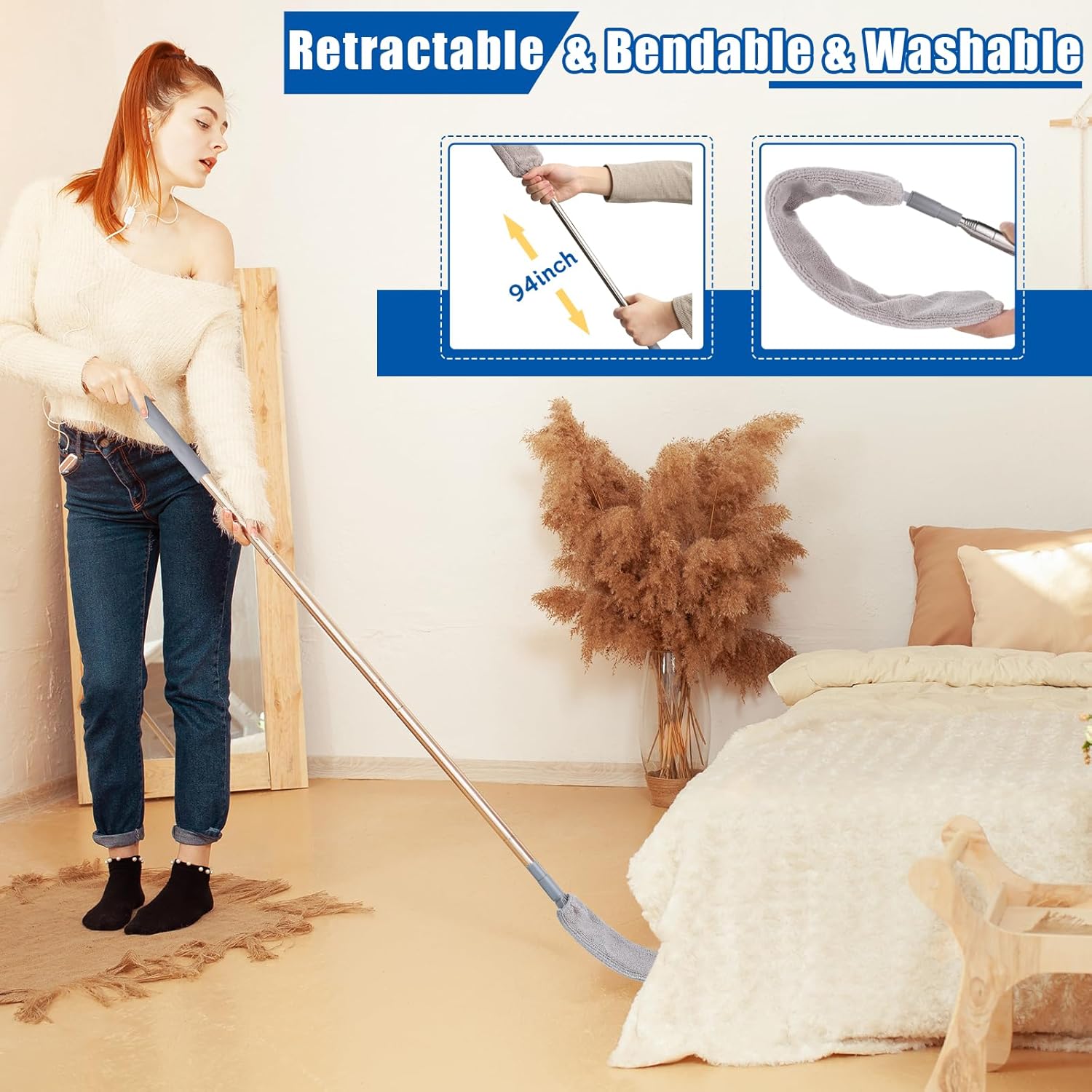Feather Duster Set (4 Pieces), 30-100 inch Retractable Gap Dust Cleaner and Feather Duster, Microfiber Duster Can be Used for Cleaning Ceilings, Furniture Refrigerators and Under Sofas - Image 4