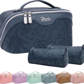 Travel Makeup Bags Cosmetic Organizer Bag: 3-Set Large Capacity Make up Bag - PU Leather Toiletry Bag for Women - Wide Open Portable Pouch with Divider & Handle (02-Dark Blue) ?   ?   ?  ?   ?