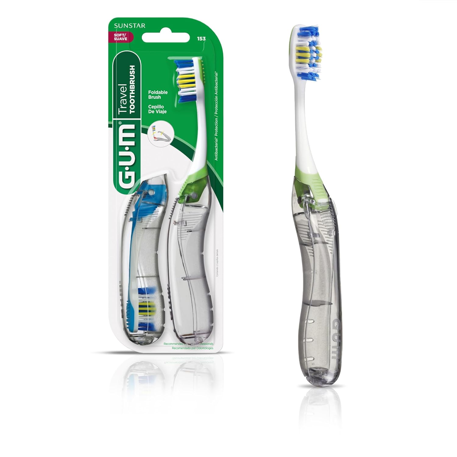 GUM Folding Travel Toothbrush, Compact Head + Tongue Cleaner, Soft Bristled Travel Toothbrushes for Adults, 2ct (Colors may vary) ? ? ? ? ?