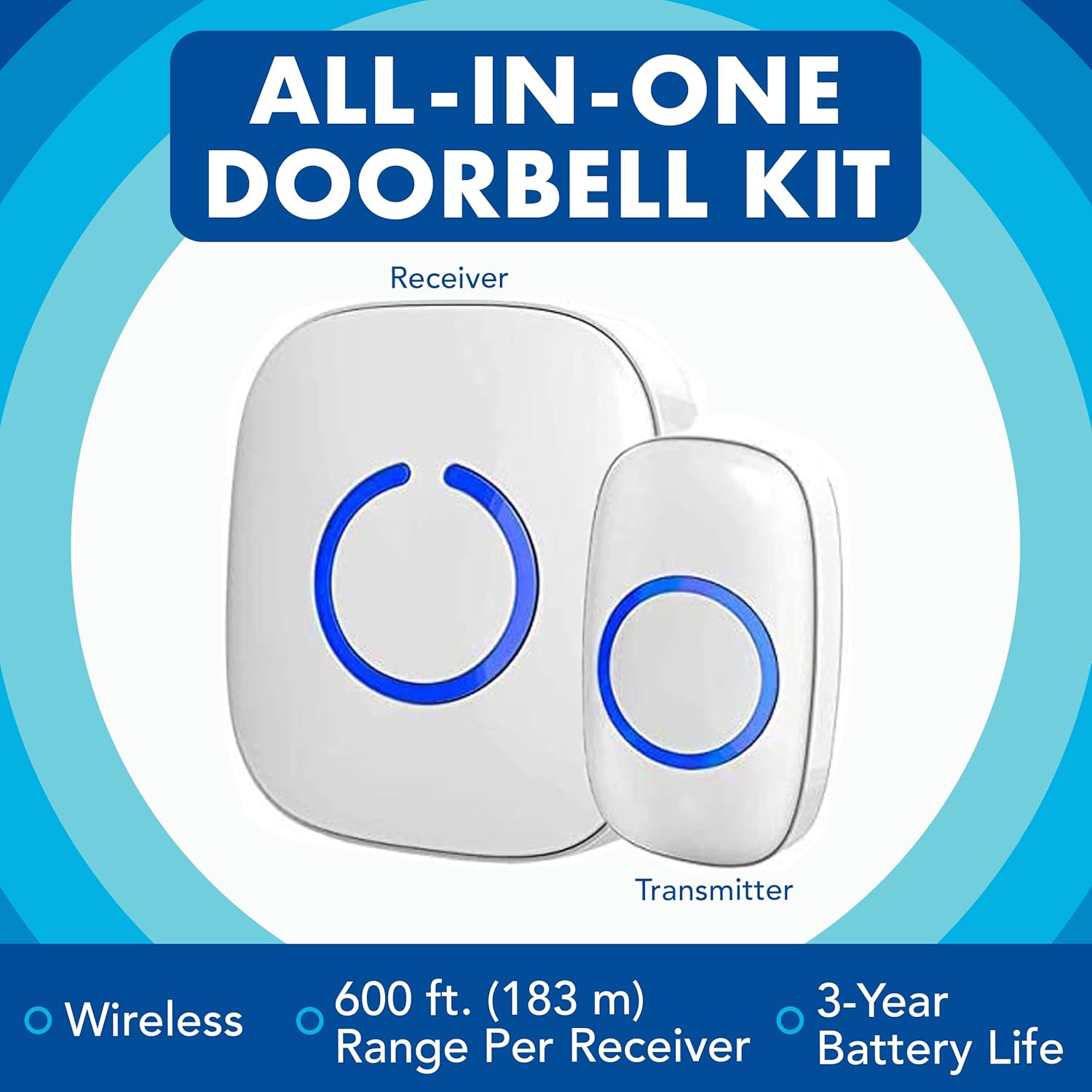 SadoTech Wireless Doorbells for Home, Apartments, Businesses, Classrooms, etc. - 1 Door Bell Ringer & 2 Plug-In Chime Receiver, Battery Operated, Easy-to-Use, Wireless Doorbell w/LED Flash, White - Image 2