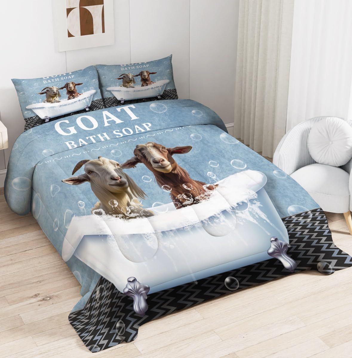 Goat Comforter Set for Kids Boys Girls Adults,Farm Animal in Bathtub Bedding Twin,Boho Western Bedding Comforter Sets,Farmhouse Style Duvet Insert with 1 Pillow Case Bedroom Decor ? ? ? ? ? - Image 2