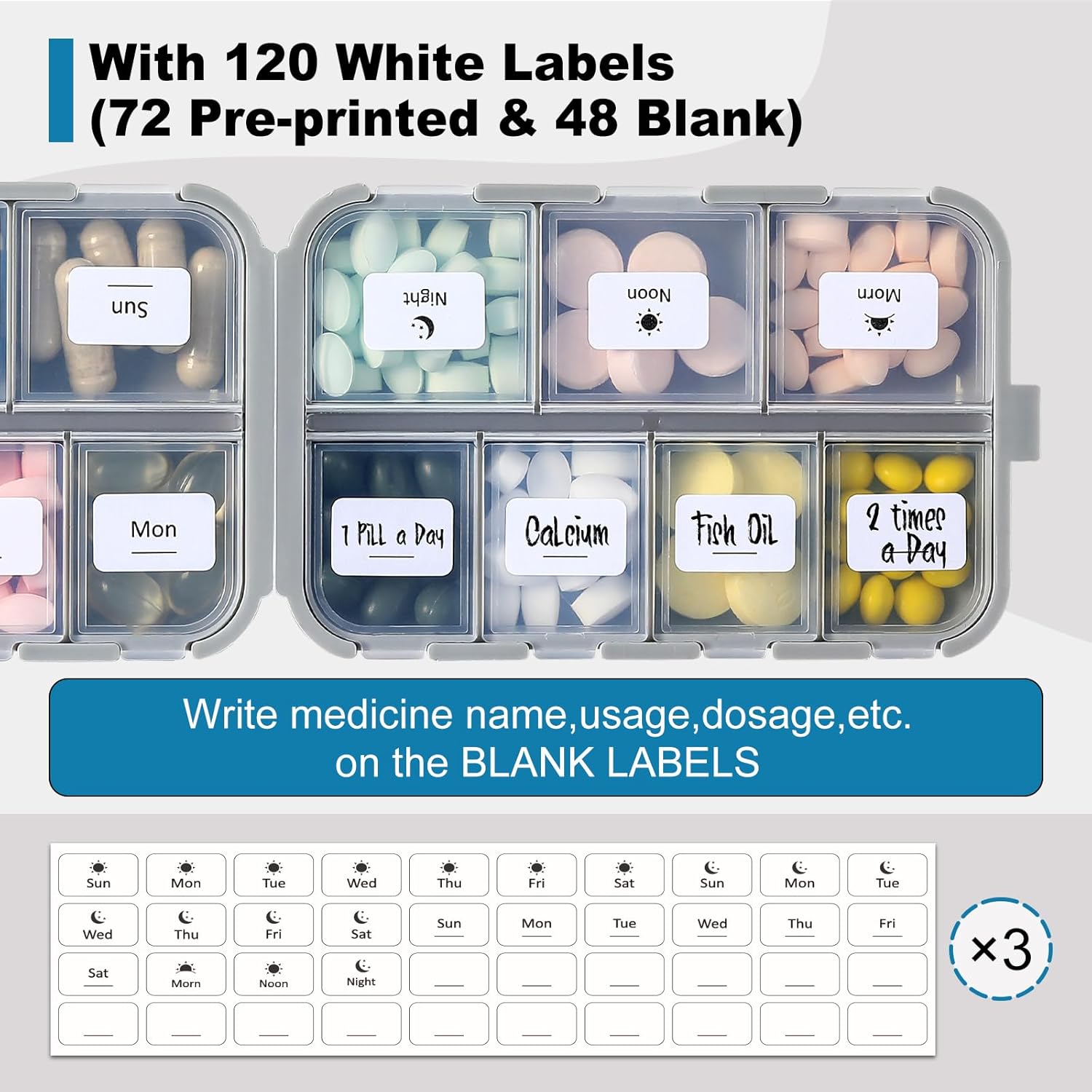 3 Pack, 14 GRIDS Travel Pill Organizer Box with Labels - Travel Medicine Case Kit - Pocket Daily Pharmacy Container - Travel Medication Holder Dispenser for Fish Oil Vitamin Supplement Storage ? ? ? ? ? - Image 5