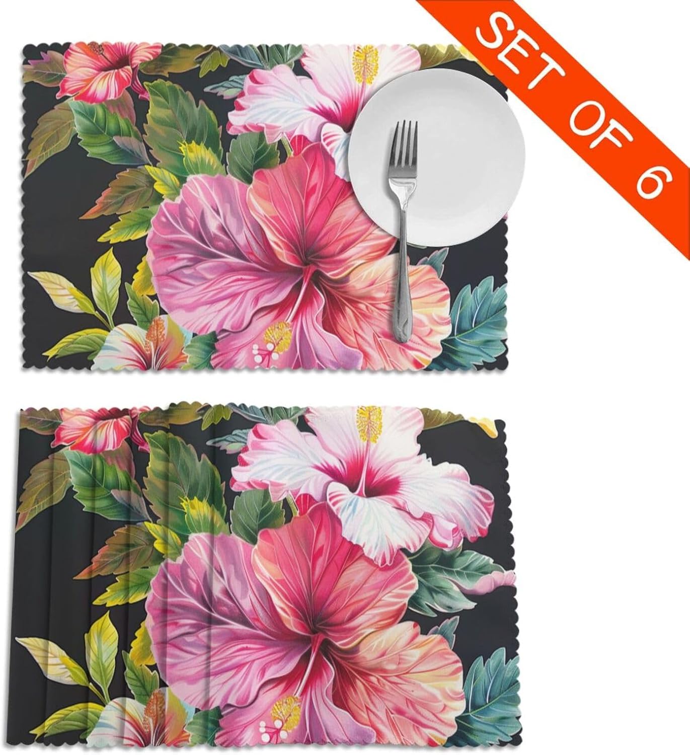 Hibiscus Flowers Print Printed Heat Resistant Placemats 6 PCS - Non-Slip Washable Kitchen Table Mats for Dining, Parties & More (18x12in, Polyeste) ? ? ? ? ? - Image 4