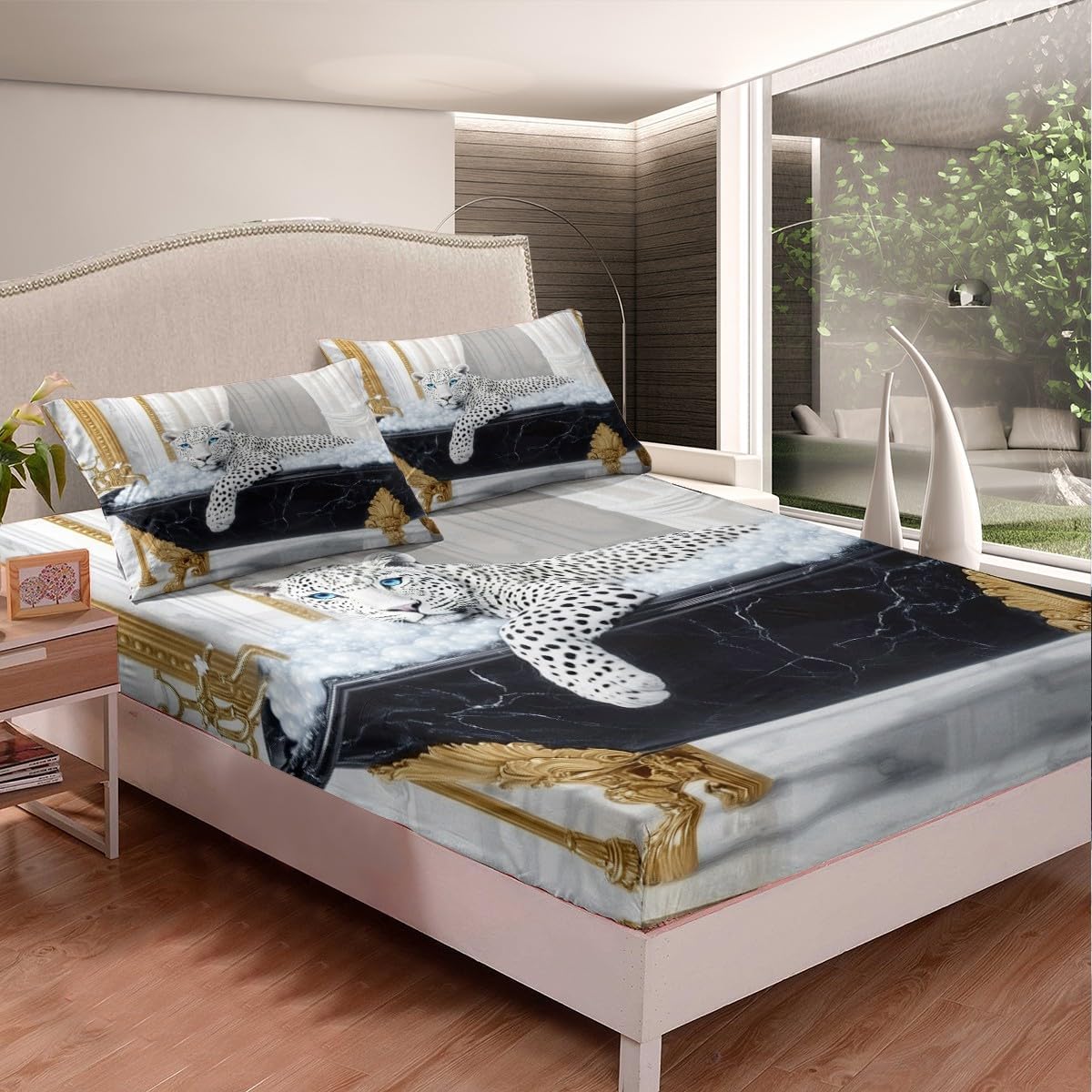 Manfei Snow Leopard Bed Sheet 4 Piece,Natural Wild Animal Cheetah White Leopard Fur Print Sheets Full Size Bed Set,European Style Bathtub Luxury Bedding Set with Flat,Fitted Sheet,2 Pillow Cases ? ? ? ? ? - Image 4