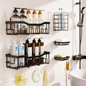 Adhesive Shower Caddy, 5 Pack Rustproof Stainless Steel Bath Organizers With Large Capacity, No Drilling Shelves for Bathroom Storage & Home Decor                 