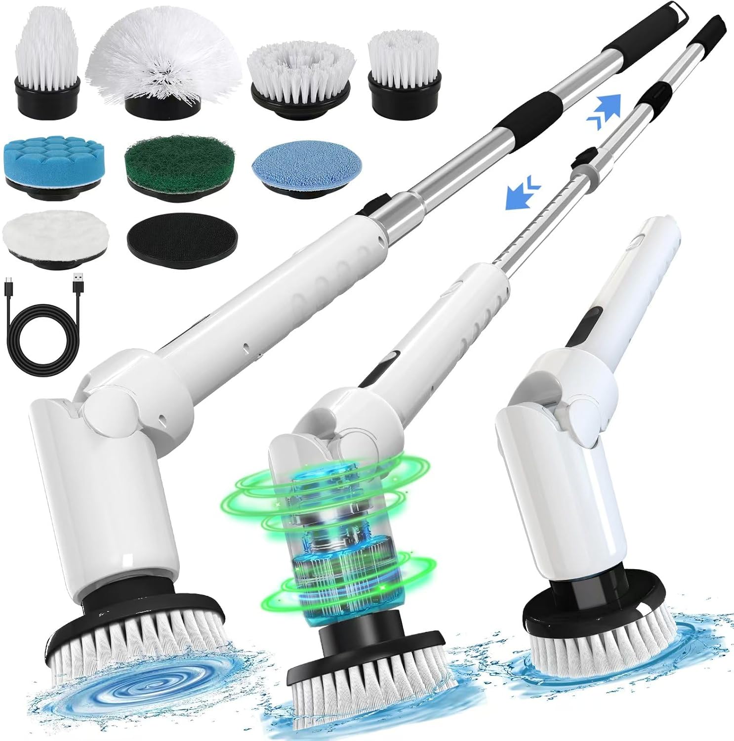 Electric Spin Scrubber - Cordless Cleaning Brush with Digital Display, 2 Speeds, 8 Brush Heads, IPX7 Waterproof, Adjustable Long Handle for Bathroom, Tub, Tile, Shower, and Car ? ? ? ? ?